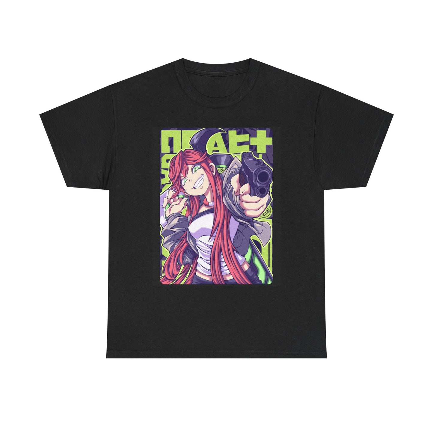 Anime Girl Pointing Gun Graphic Tee — Neon Retro Aesthetic