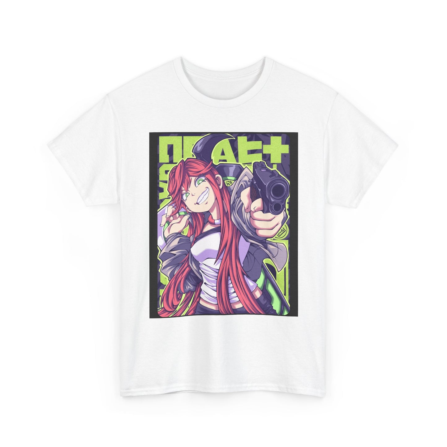 Anime Girl Pointing Gun Graphic Tee — Neon Retro Aesthetic