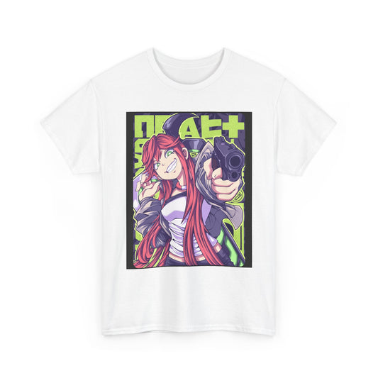 Anime Girl Pointing Gun Graphic Tee — Neon Retro Aesthetic